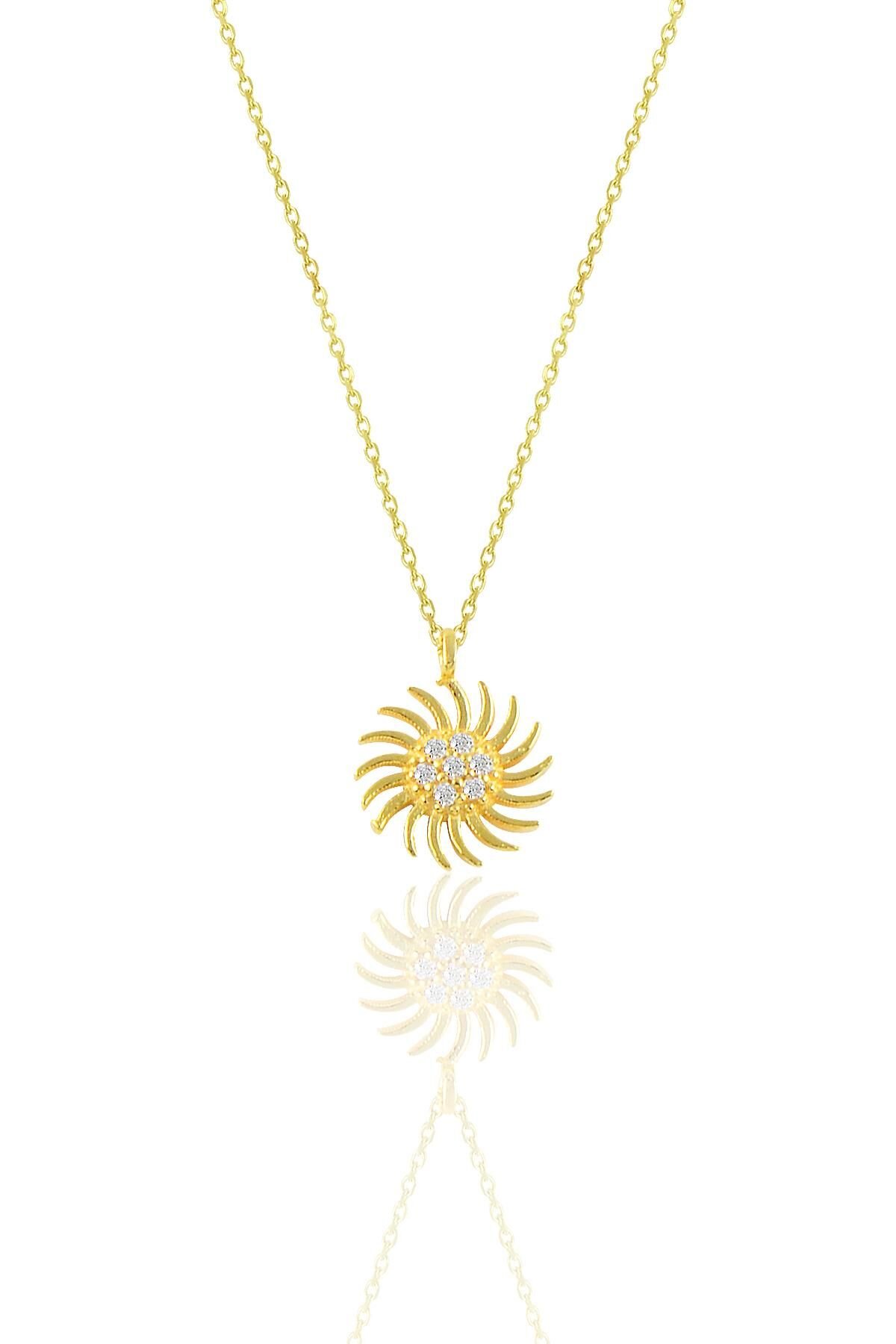 Gümüş altın yaldızlı zirkon taşlı güneş kolye SGTL11137GOLD