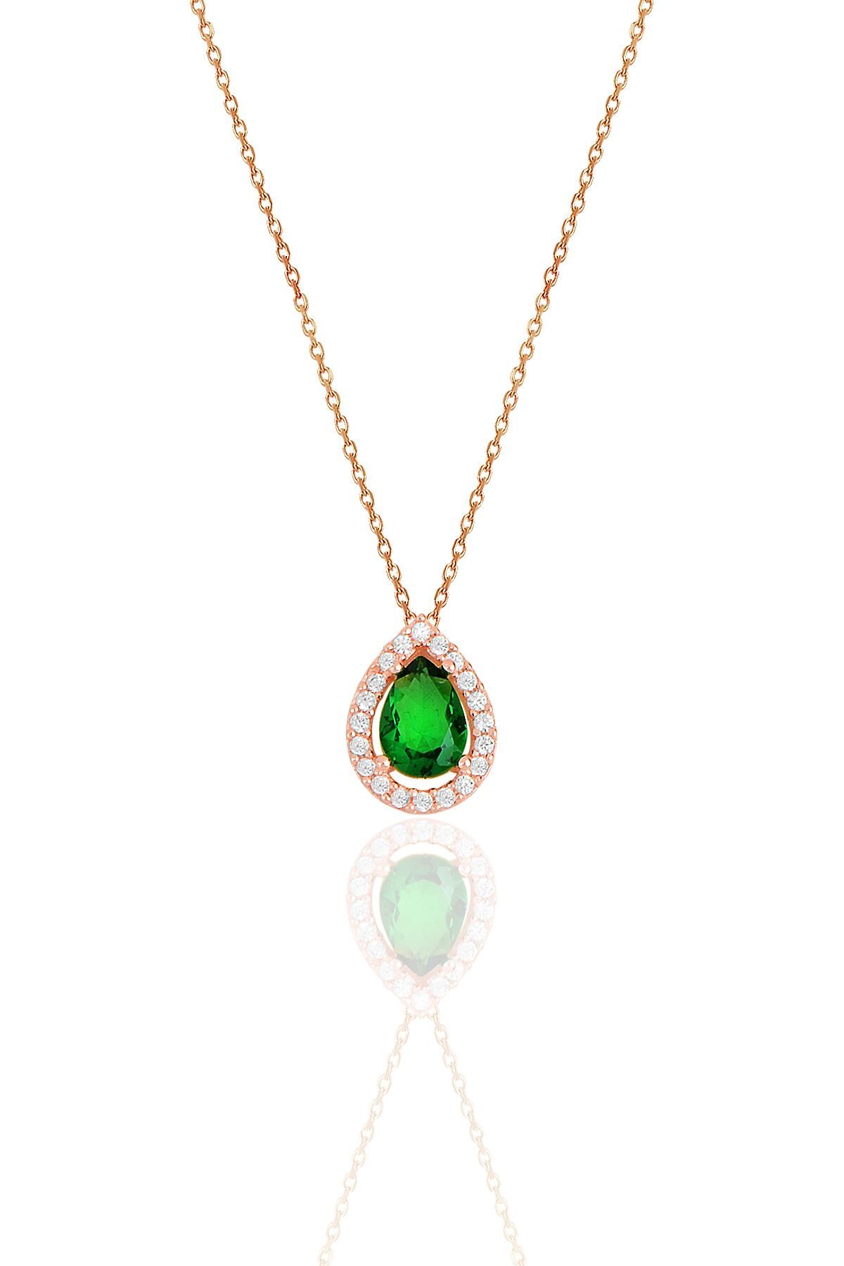 Gümüş rose kök zümrüt taşlı damla modeli kolye SGTL11513YESIL