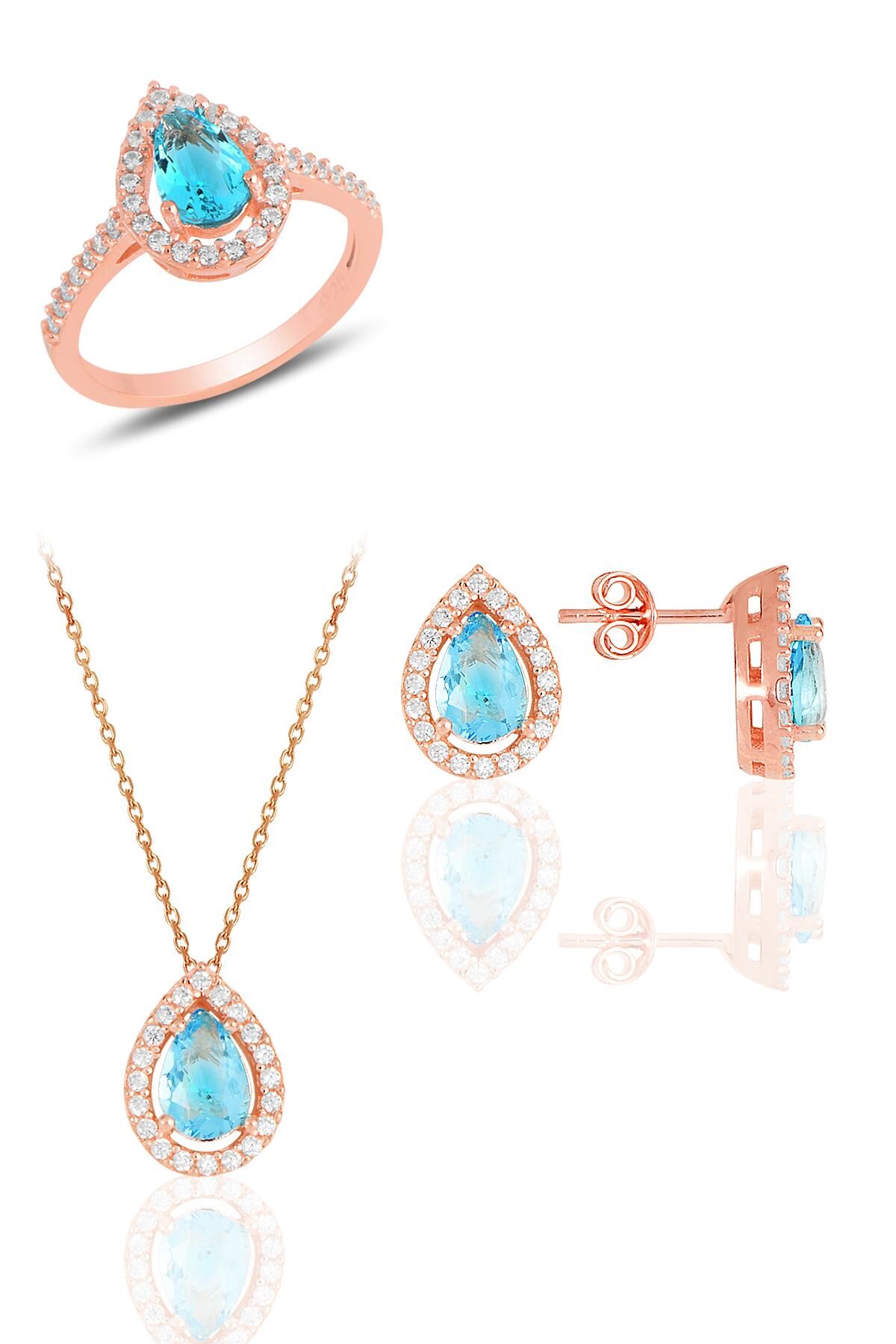 Gümüş rose akuamarin taşlı damla modeli üçlü set SGTL11512MAVI