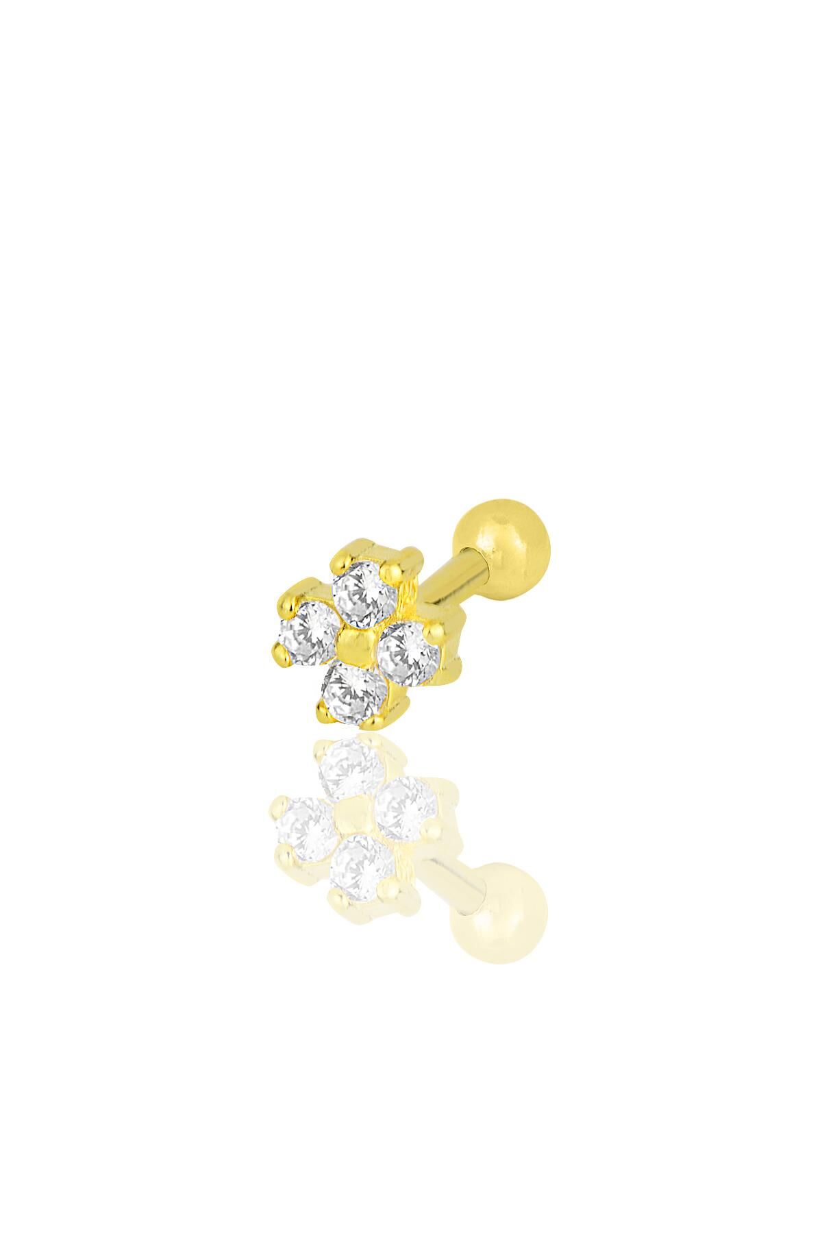 Gümüş altın yaldızlı zirkon taşlı dört yapraklı yonca Tragus helix Piercing küpe SGTL12204GOLD