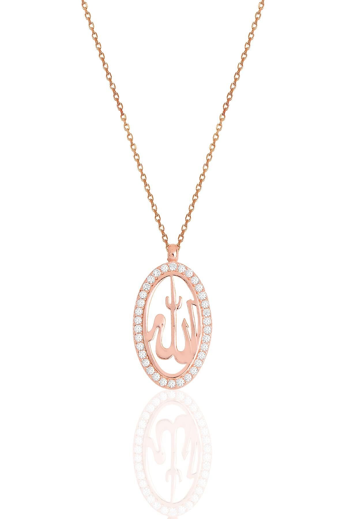 Gümüş rose zirkon taşlı oval çerçeveli ALLAH lafzı kolye SGTL11509ROSE