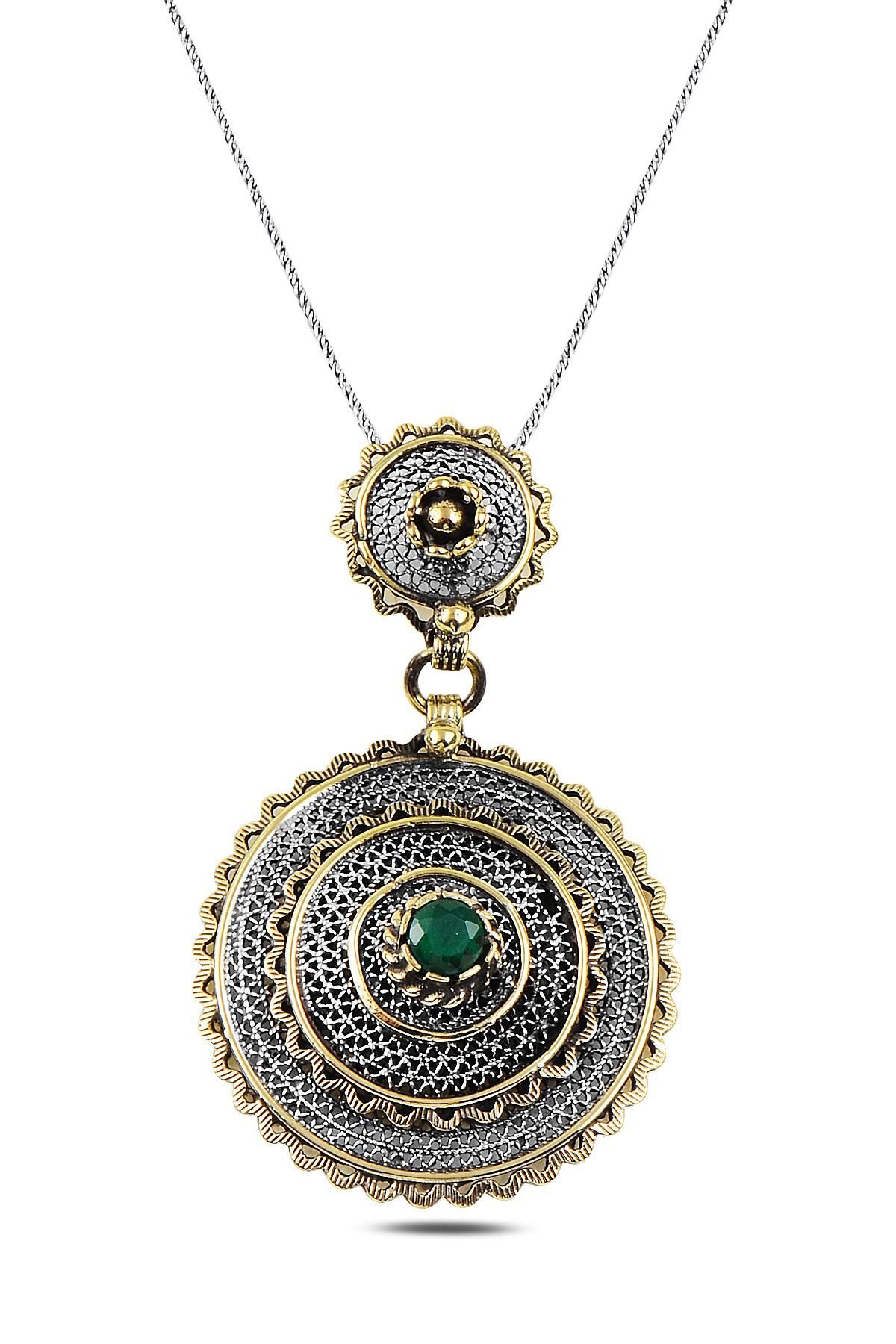 Gümüş kök zümrüt taşlı otantik telkari kolye SGTL10299KLY