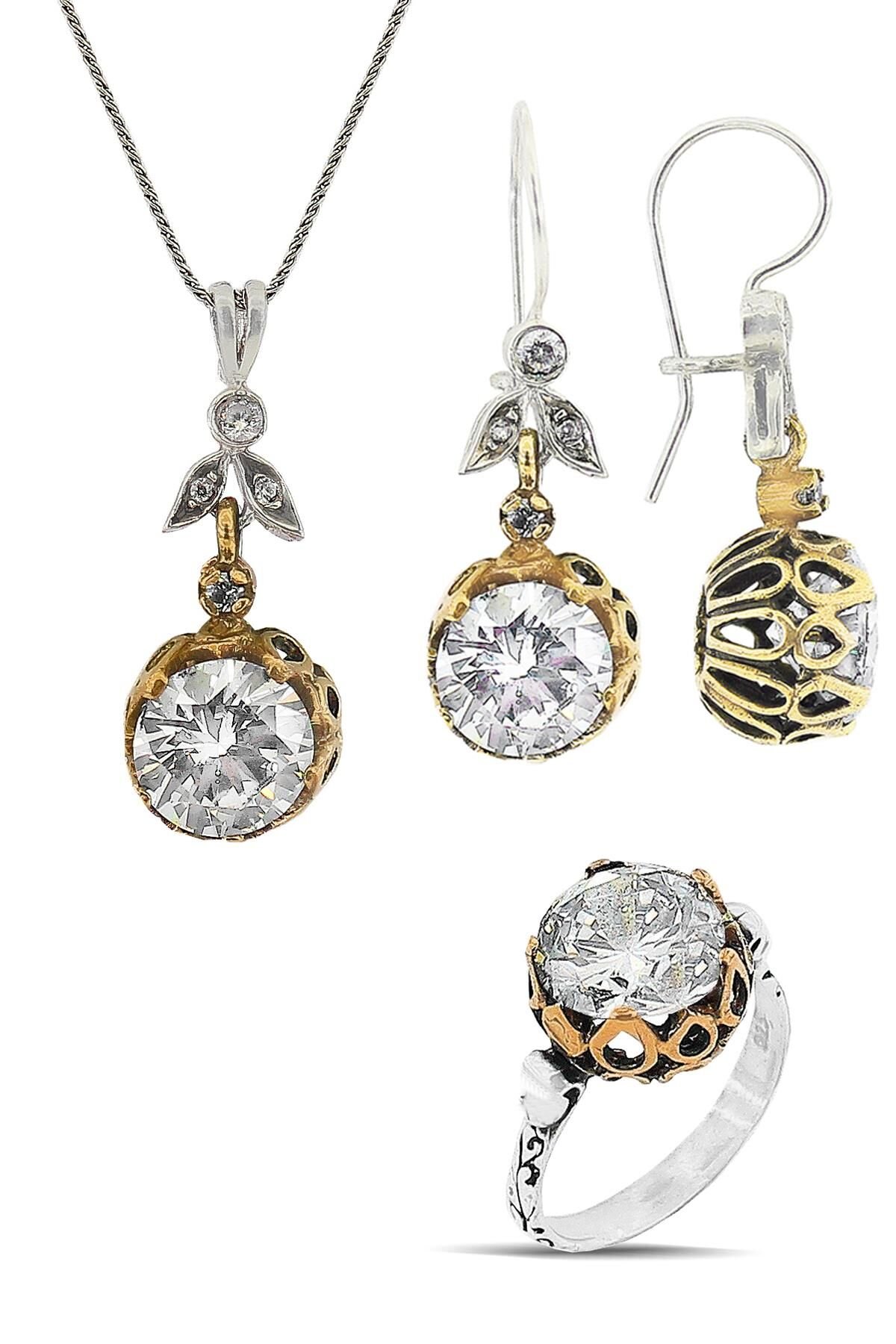 Gümüş zirkon tek taşlı otantik üçlü set SGTL11592BEYAZ