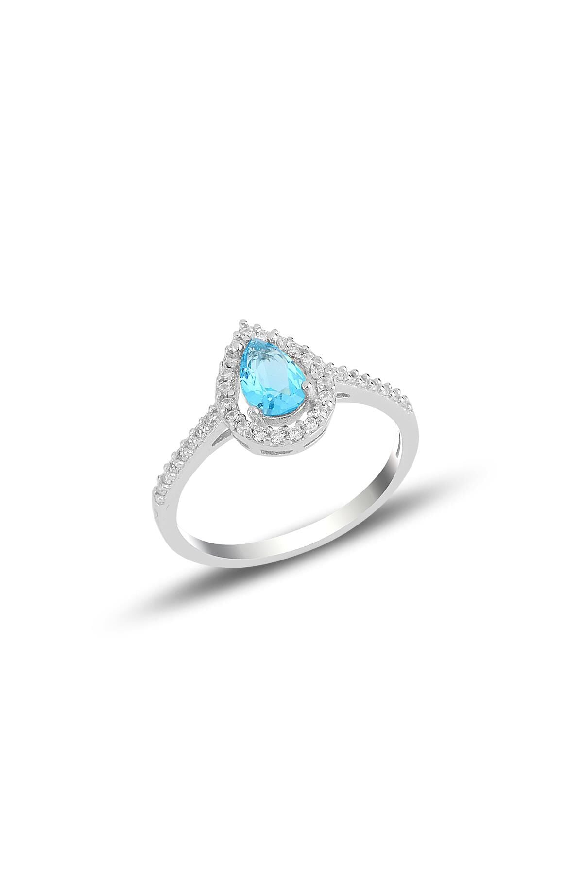 Gümüş rodyumlu akuamarin taşlı damla modeli yüzük SGTL11004MAVI