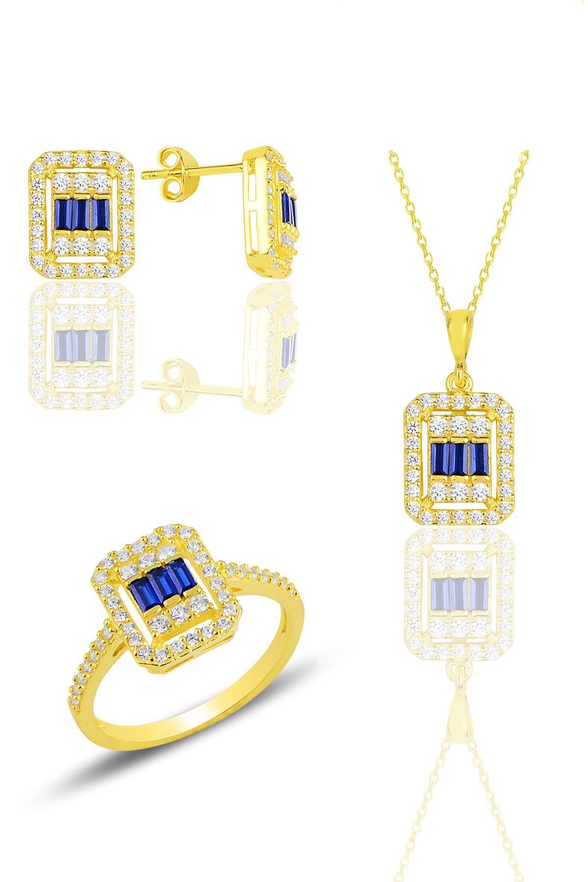 Gümüş  altın yaldızlı baget kesim safir taşlı çizgili üçlü set SGTL11562LACIVERT