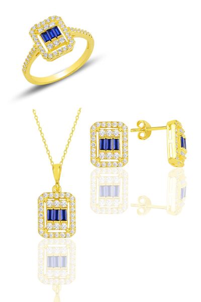 Gümüş  altın yaldızlı baget kesim safir taşlı çizgili üçlü set SGTL11562LACIVERT