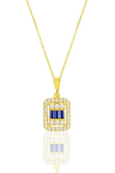 Gümüş  altın yaldızlı baget kesim safir taşlı çizgili üçlü set SGTL11562LACIVERT