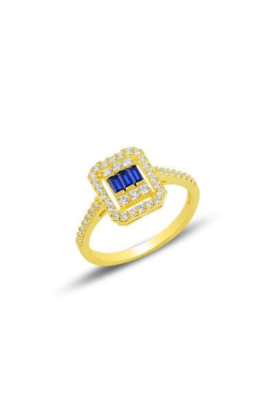 Gümüş  altın yaldızlı baget kesim safir taşlı çizgili üçlü set SGTL11562LACIVERT