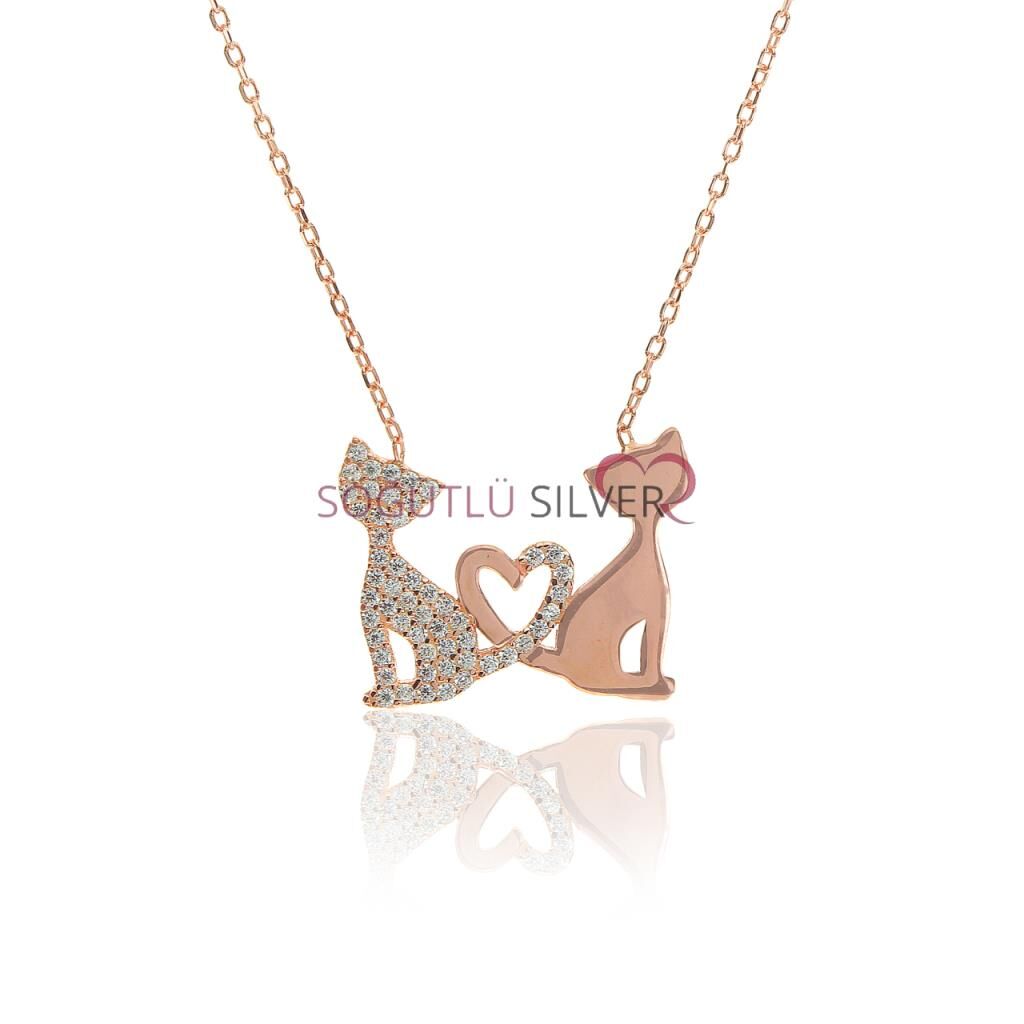 Zirkon taşlı Aşk Kediler Kolyesi SGTL6049