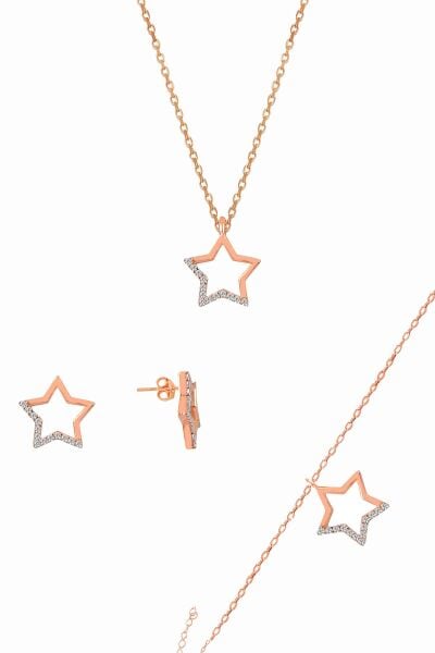 Gümüş rose içi boş yıldız modeli üçlü set SGTL11057ROSE