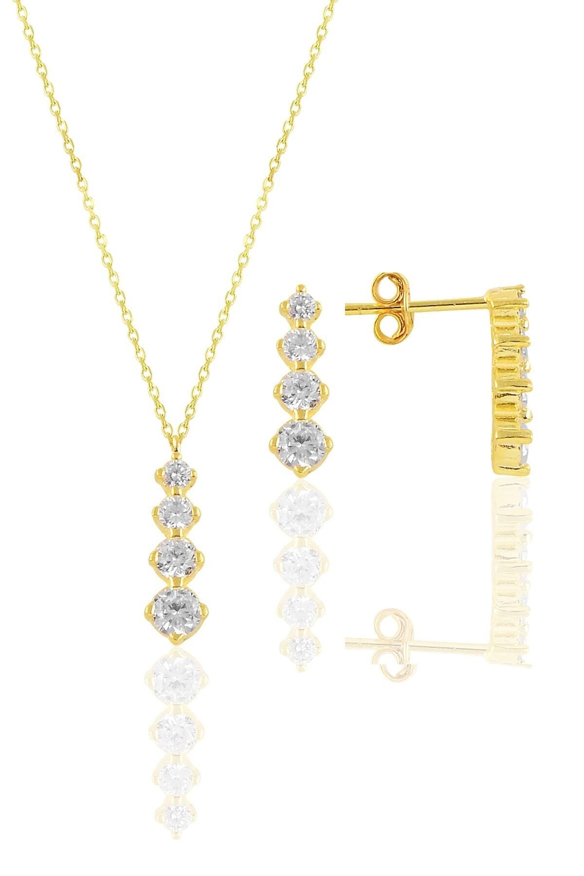 Gümüş altın yaldızlı zirkon taşlı  ışıltılı ikili set SGTL10956GOLD