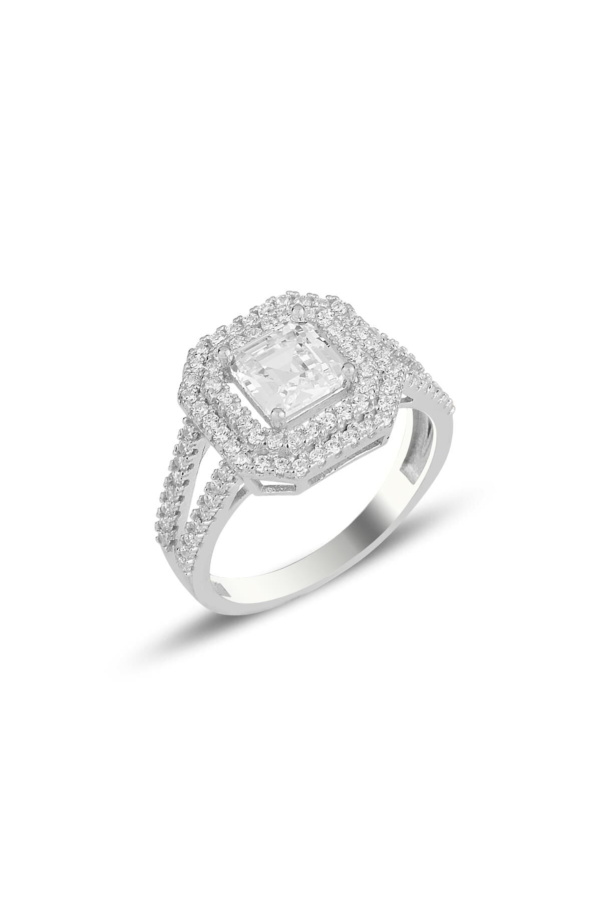 Gümüş rodyumlu özel tasarım baget kesim zirkon taşlı yüzük SGTL11591RODAJ