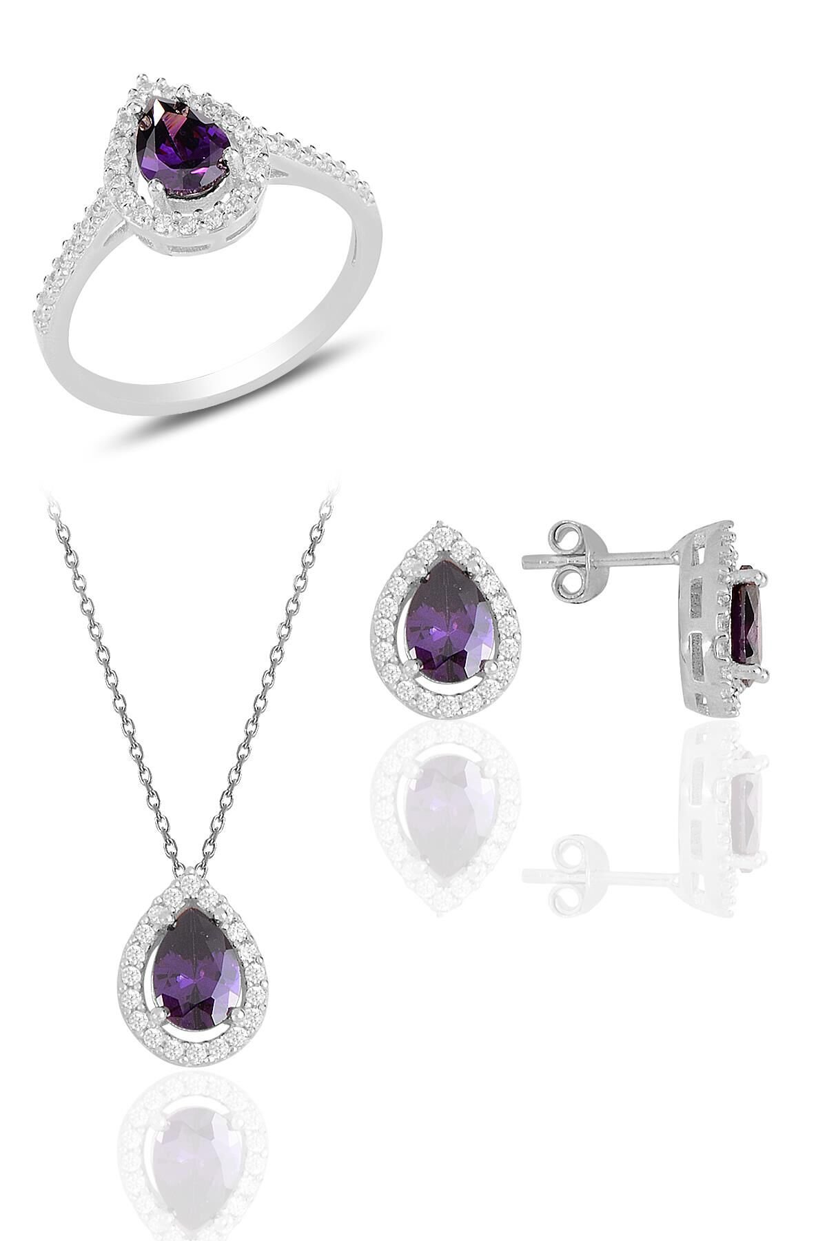 Gümüş rodyumlu ametis taşlı damla modeli üçlü set SGTL11003MOR