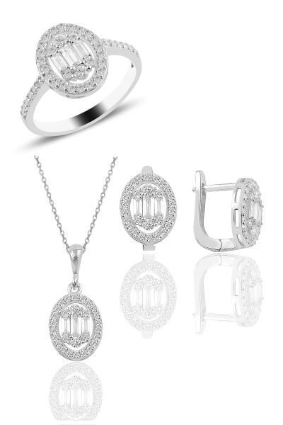 Gümüş rodyumlu oval gümüş baget taşlı üçlü set SGTL10734RODAJ