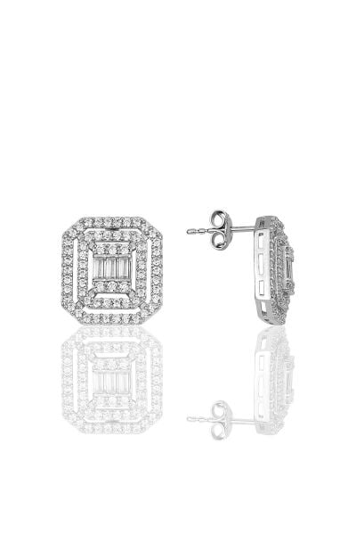 Gümüş Rodyumlu Pırlanta Montürlü Taşlı Baget küpe SGTL11926RODAJ