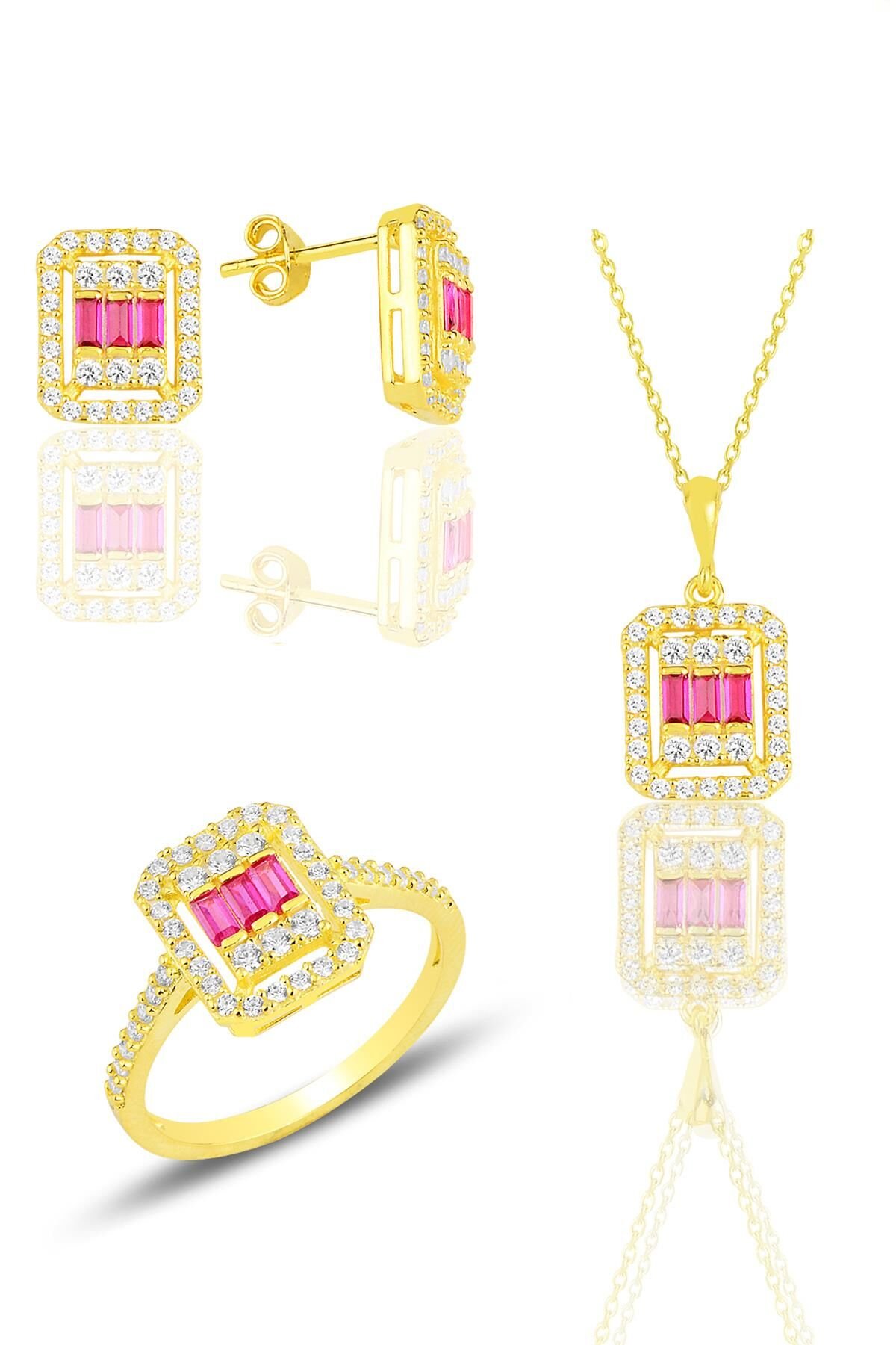 Gümüş  altın yaldızlı baget kesim kök yakut taşlı çizgili üçlü set SGTL11562KIRMIZI