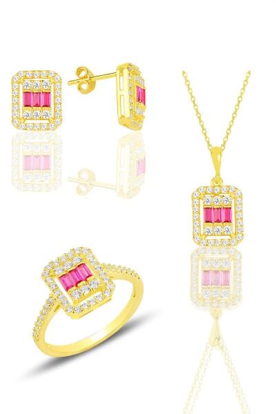 Gümüş  altın yaldızlı baget kesim kök yakut taşlı çizgili üçlü set SGTL11562KIRMIZI