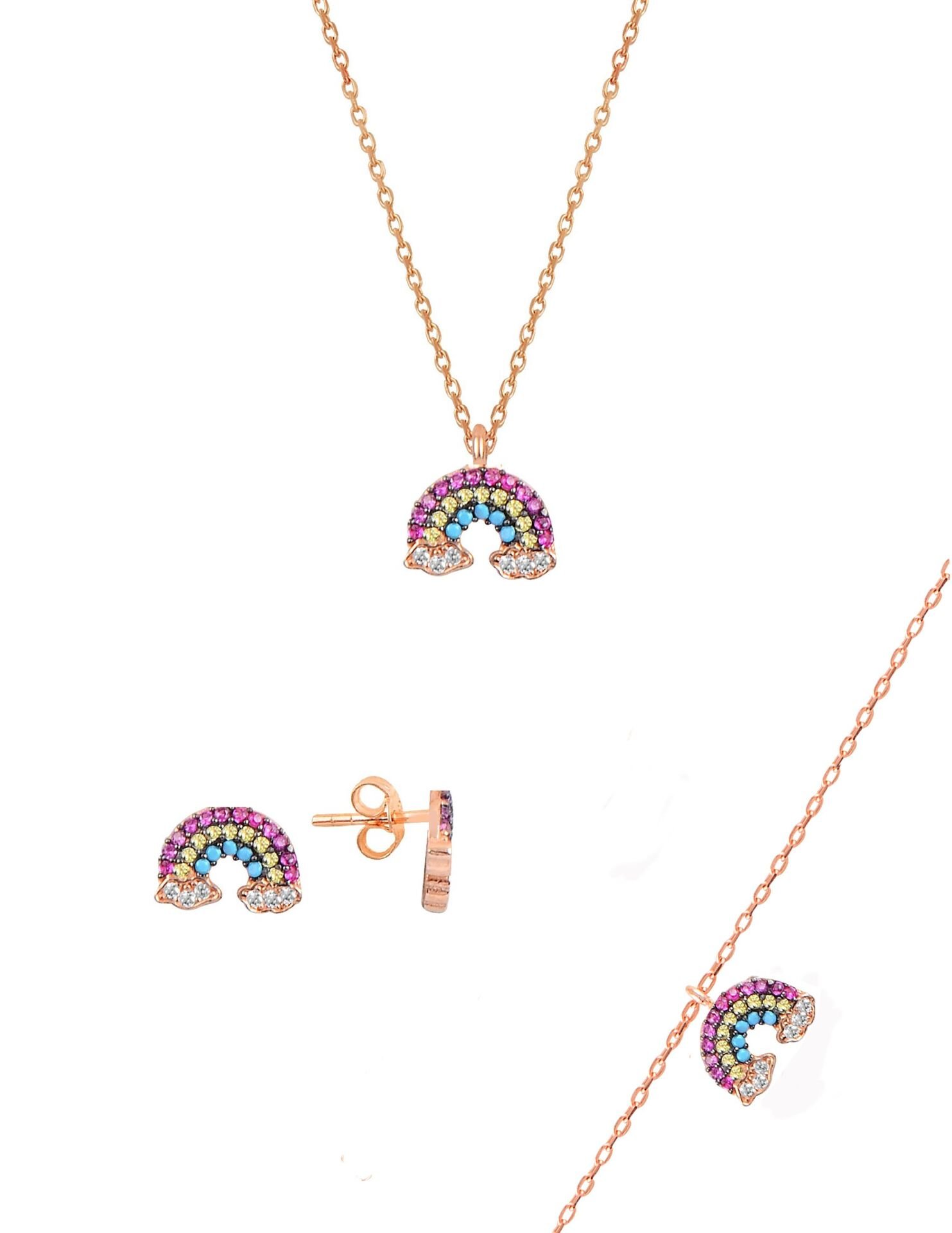 Gümüş rose renkli taşlı gök kuşağı üçlü set SGTL11052ROSE