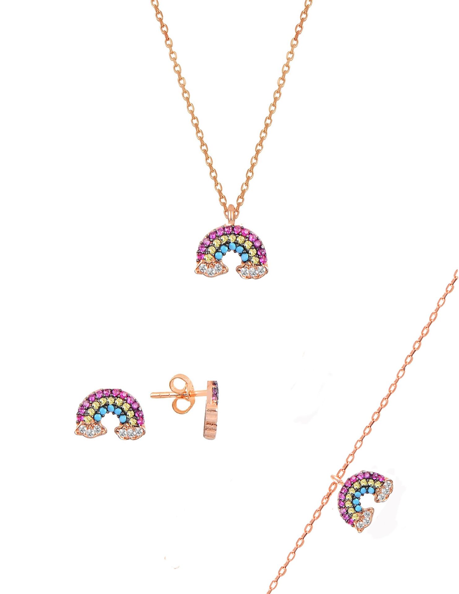 Gümüş rose renkli taşlı gök kuşağı üçlü set SGTL11052ROSE