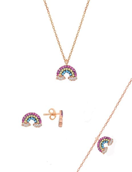 Gümüş rose renkli taşlı gök kuşağı üçlü set SGTL11052ROSE