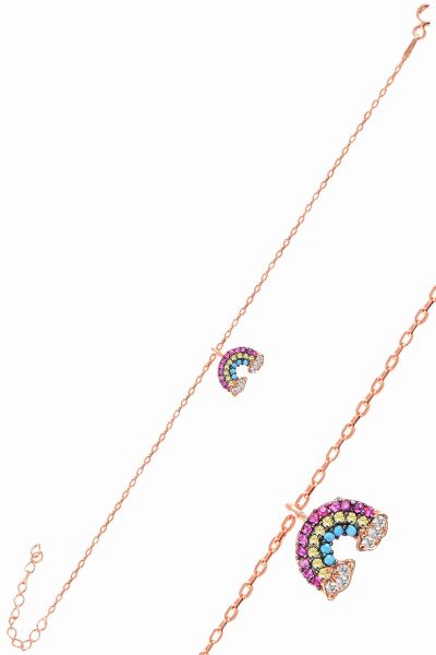 Gümüş rose renkli taşlı gök kuşağı üçlü set SGTL11052ROSE
