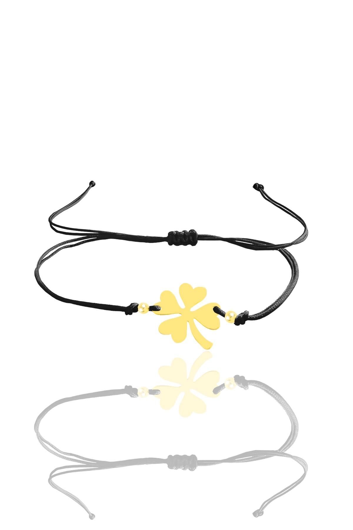 Gümüş altın yaldızlı yonca modeli makrome ip şans bileklik SGTL12020GOLD