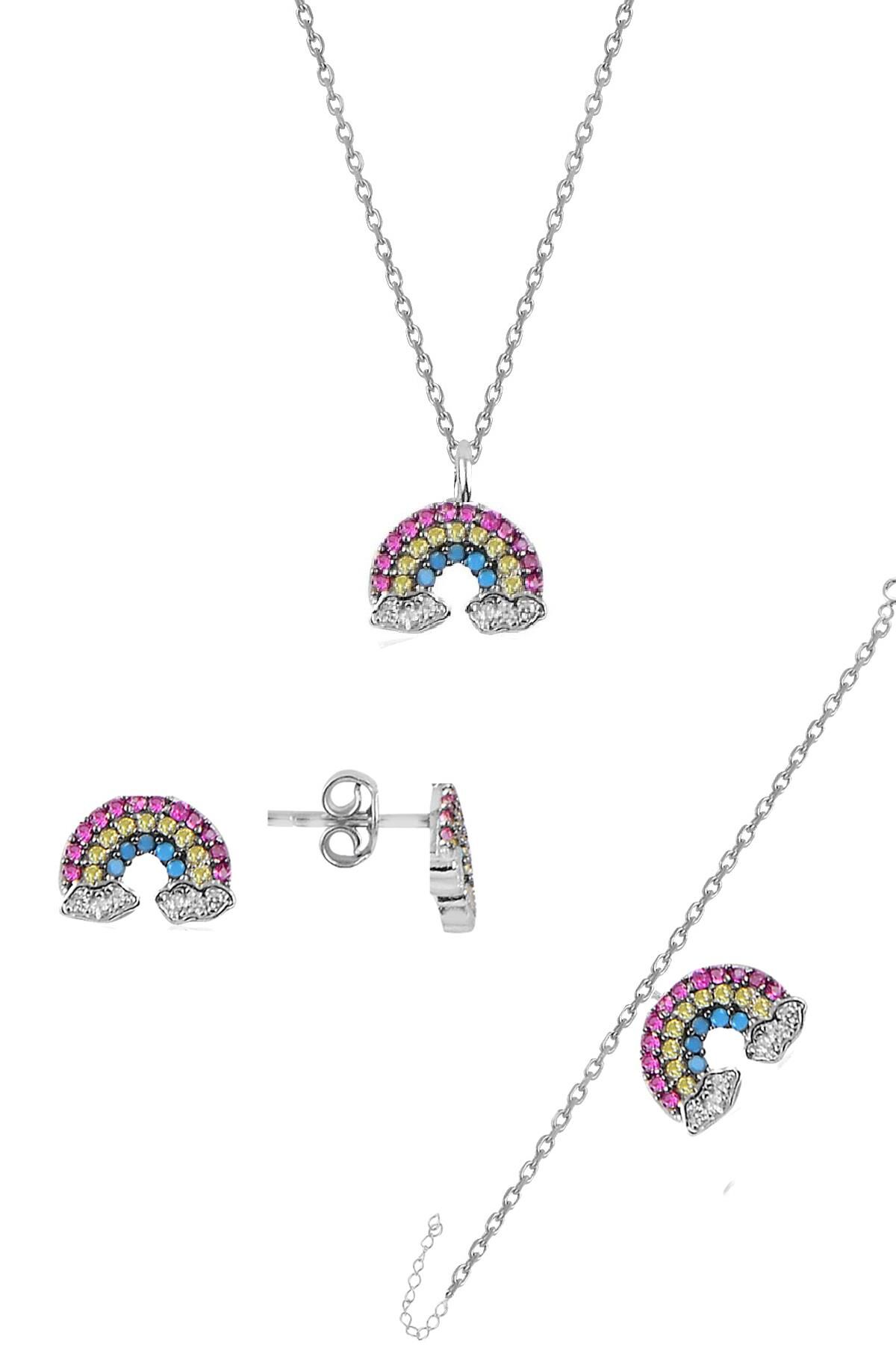 Gümüş rodyumlu renkli taşlı gök kuşağı üçlü set SGTL11052RODAJ