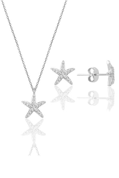 Gümüş rodyumlu zirkon taşlı deniz yıldızı kolye ve küpe ikili set SGTL11441RODAJ