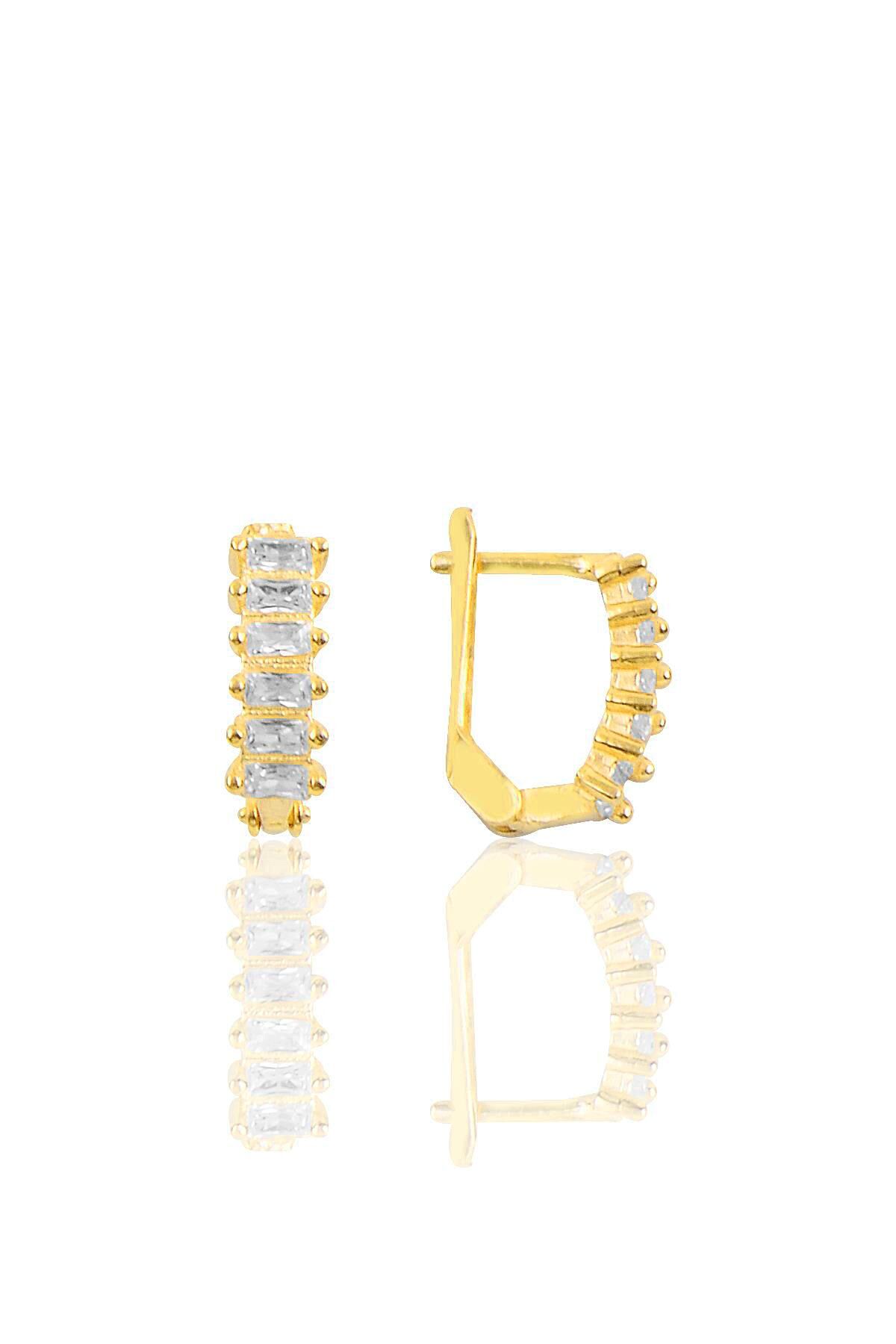 Gümüş altın yaldızlı zirkon taşlı  Baget taşlı j küpe  SGTL10779GOLD