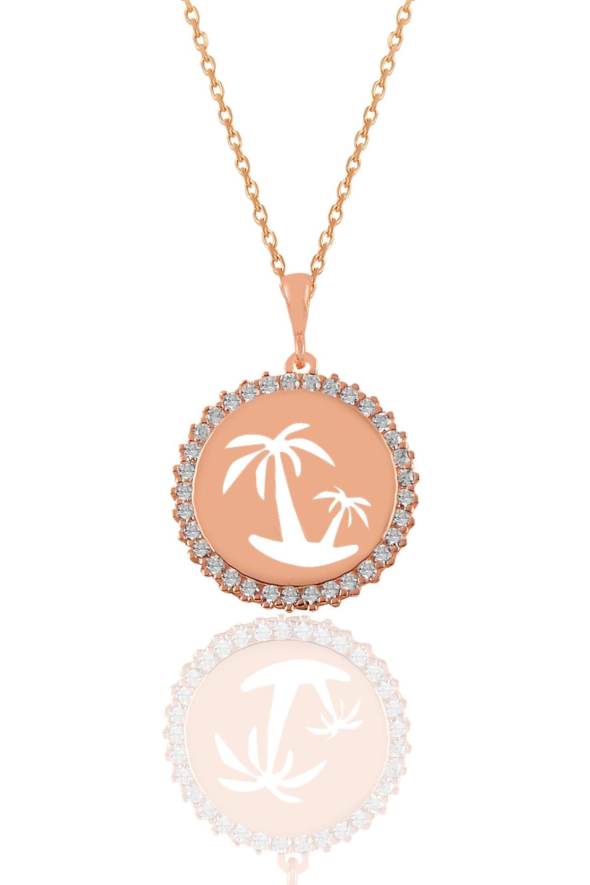Gümüş rose zirkon taşlı adalı palmiye kolye SGTL11049ROSE