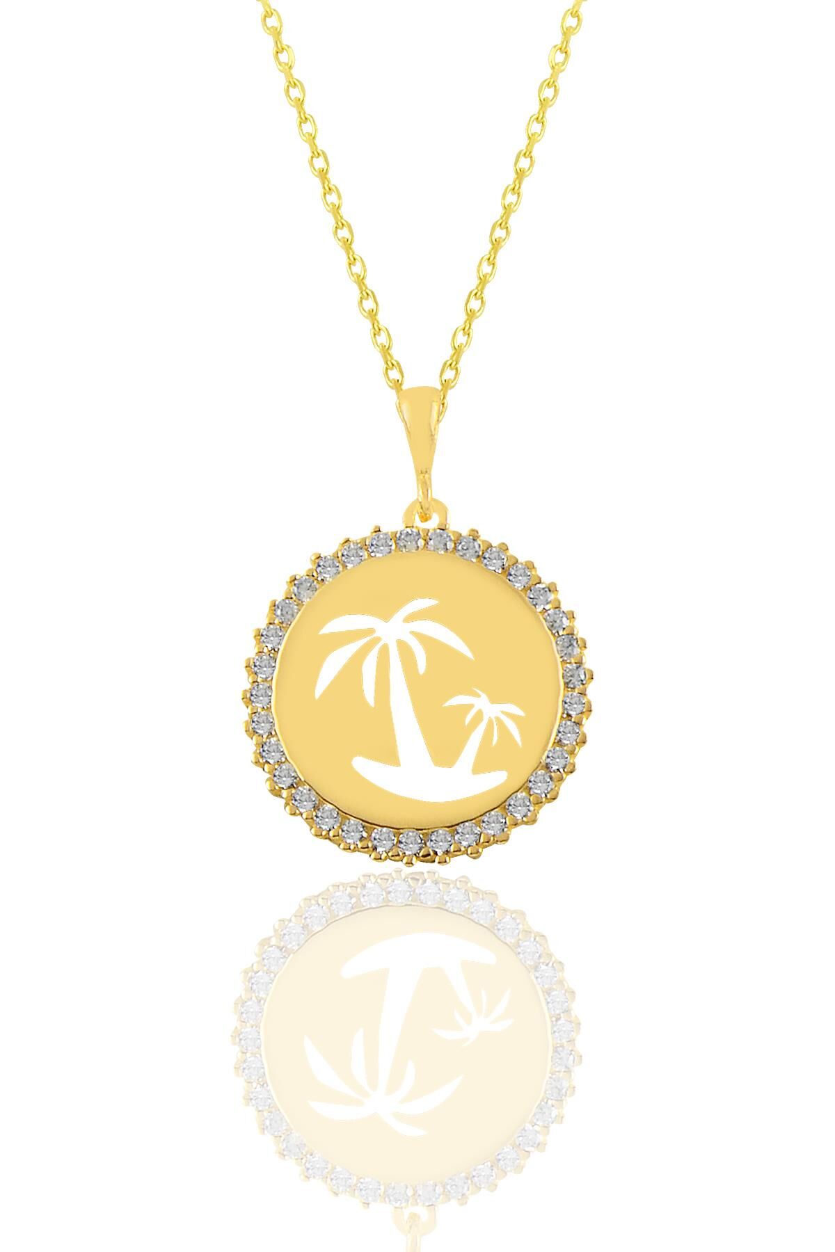 Gümüş altın yaldızlı zirkon taşlı adalı palmiye kolye SGTL11049GOLD