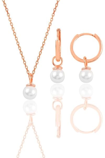 Gümüş rose incili kolye ve halka küpe  ikili set SGTL12070ROSE