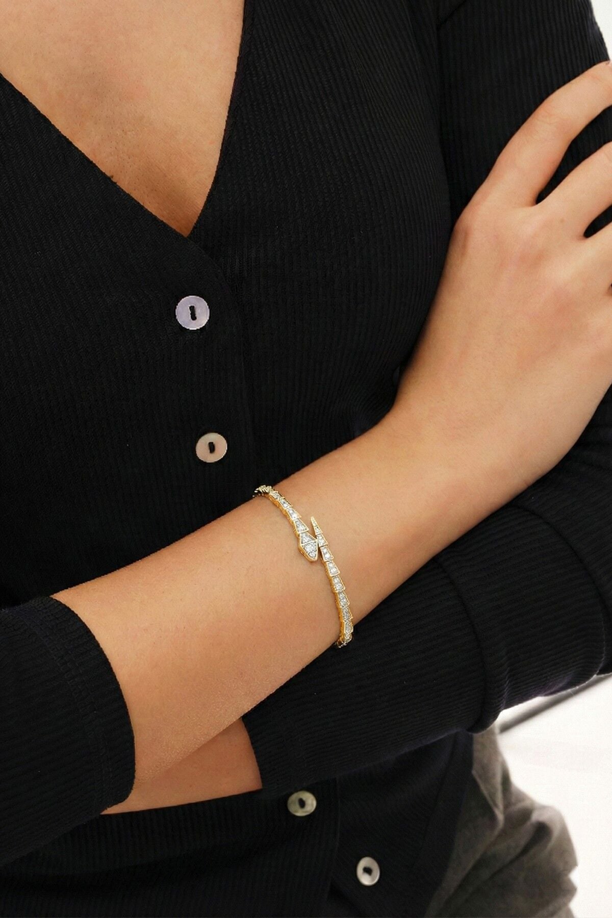 925 Ayar Gümüş Bileklik Üzeri Altın Kaplama Zirkon Taşlı özel tasarım hareketli yılan bileklik SGTL12559GOLD