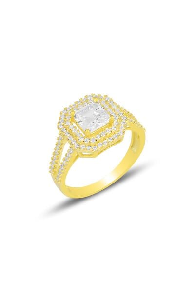 Gümüş altın yaldızlı özel tasarım baget kesim zirkon taşlı yüzük SGTL11591GOLD