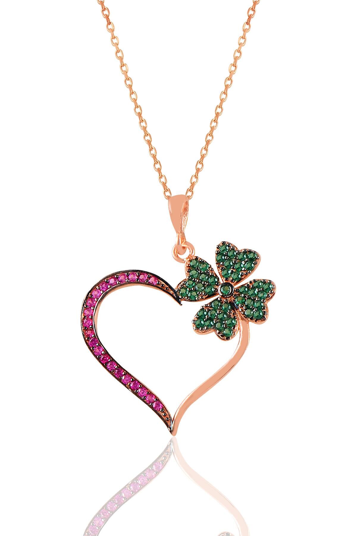 Gümüş rose fuşya ve yeşil taşlı yonca kalp kolye SGTL11047ROSE