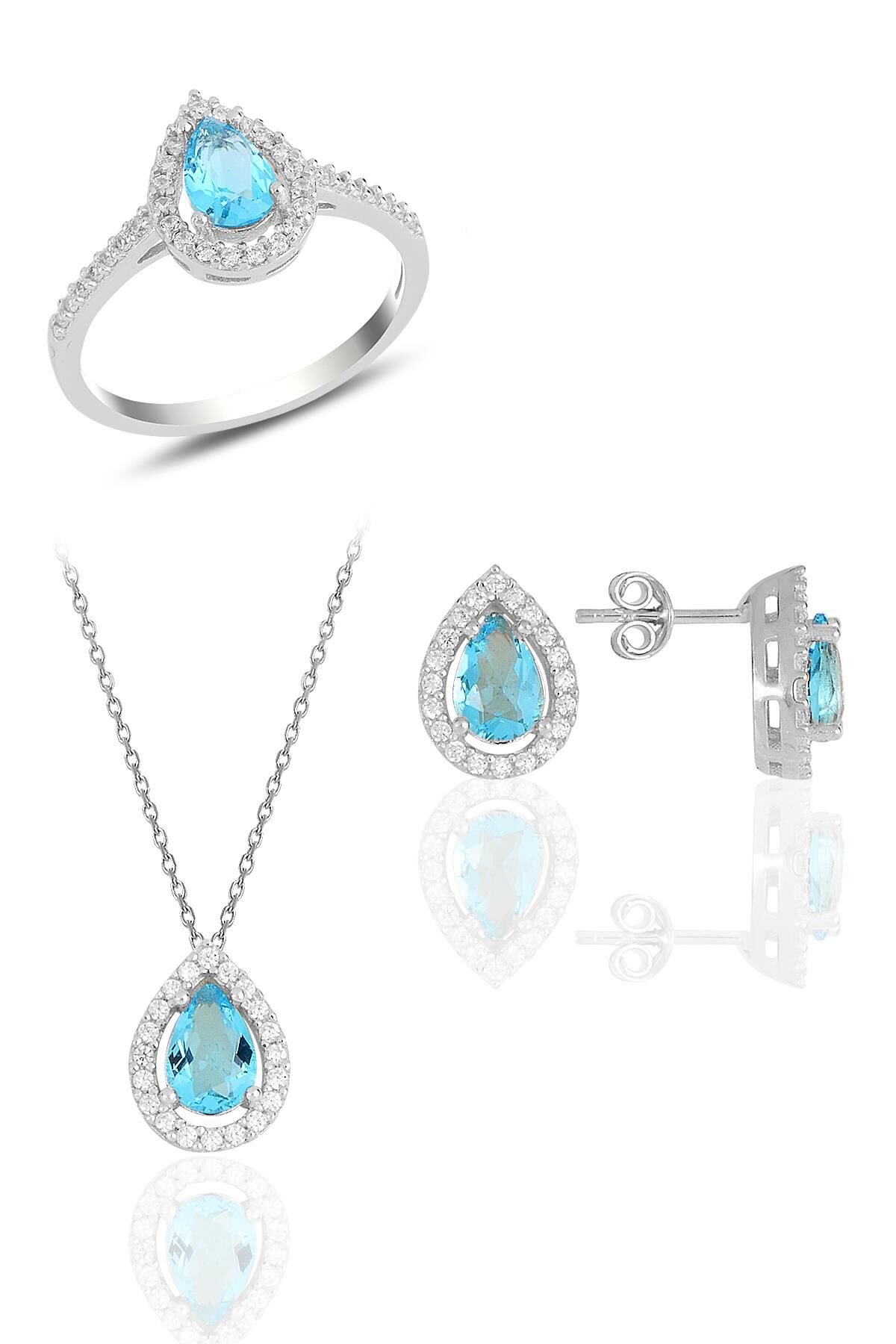Gümüş rodyumlu akuamarin taşlı damla modeli üçlü set SGTL11003MAVI