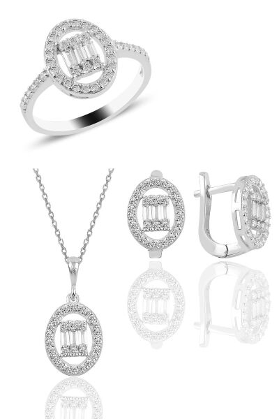Gümüş rodyumlu oval gümüş düz baget taşlı üçlü set SGTL10735RODAJ