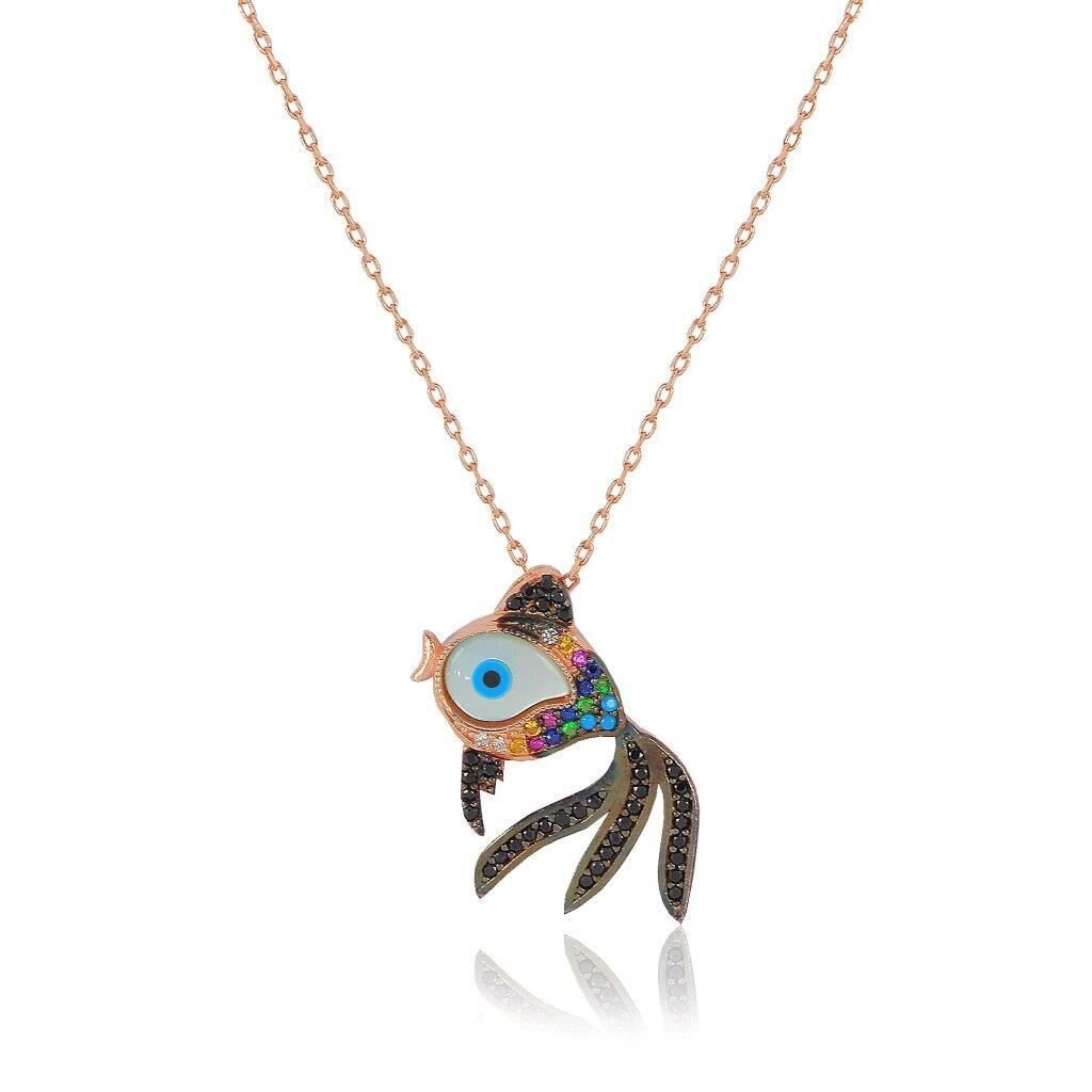 Renkli ve Opal Taşlı Japon Balığı Gümüş Kolye SGTL5526