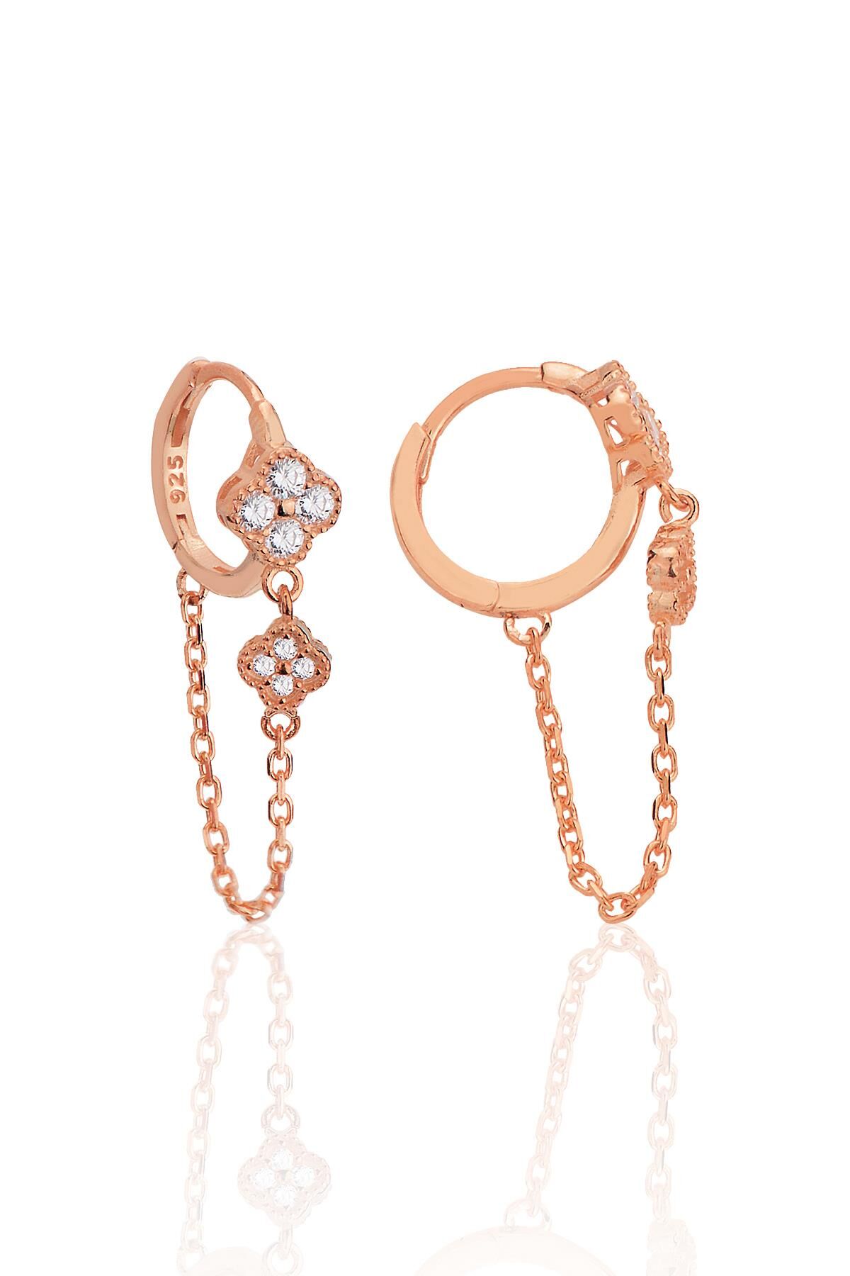 Gümüş rose zirkon taşlı zincirli yonca modeli halka küpe SGTL12579ROSE
