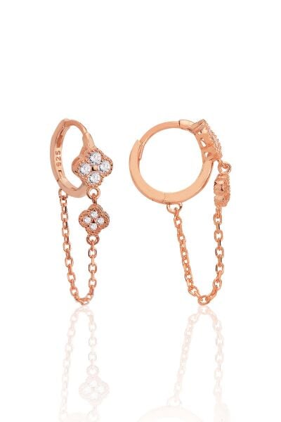 Gümüş rose zirkon taşlı zincirli yonca modeli halka küpe SGTL12579ROSE
