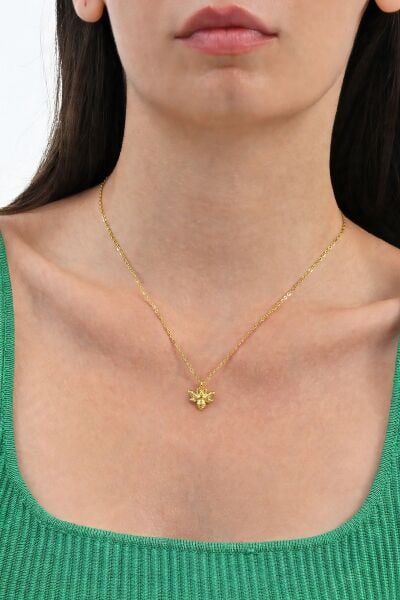 925 Ayar Gümüş Kolye Altın Kaplama Kraliçe Arı Figürlü Minimal Şans Kolye SGTL13617GOLD