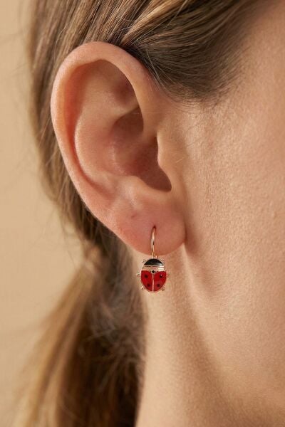 925 ayar gümüş küpe rose kırmızı mineli çengelli uğur böceği küpe SGTL13183ROSE