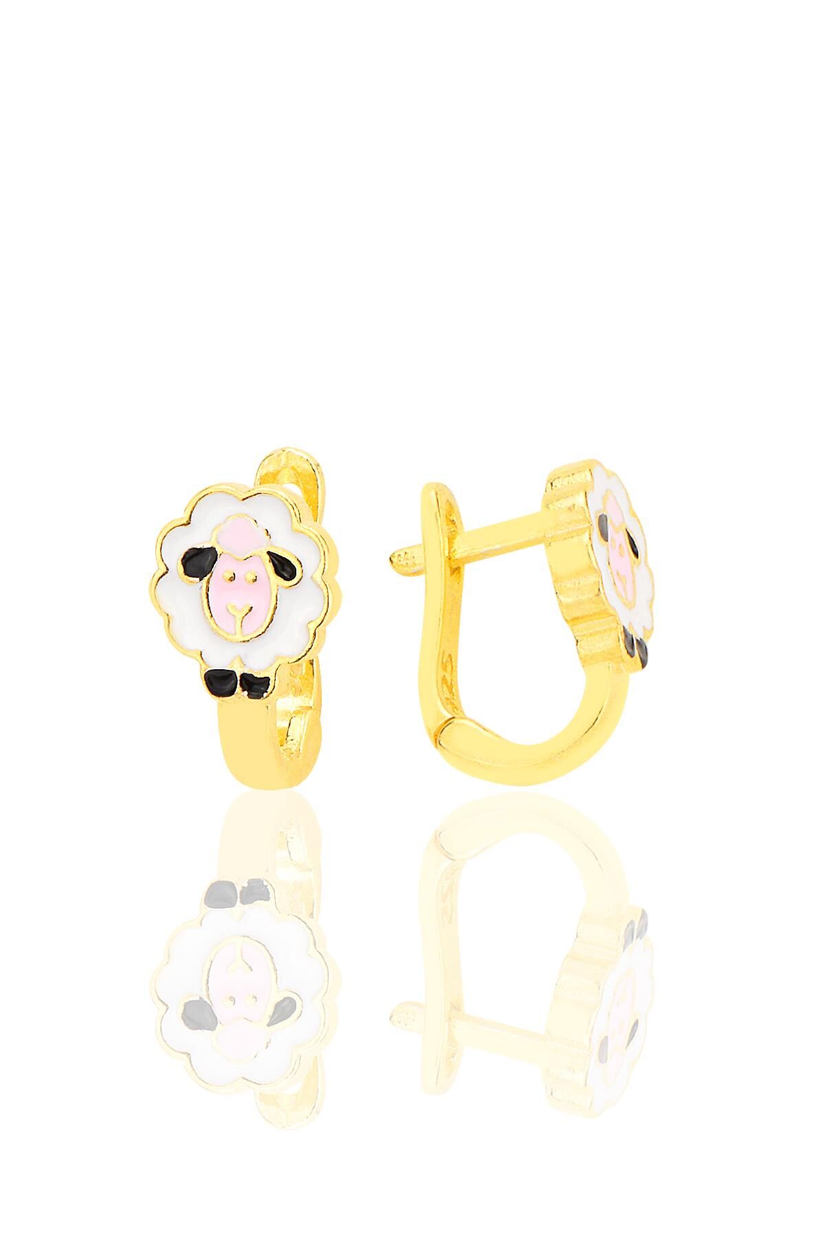 Gümüş altın yaldızlı mineli sevimli koyun çocuk küpesi SGTL12582GOLD