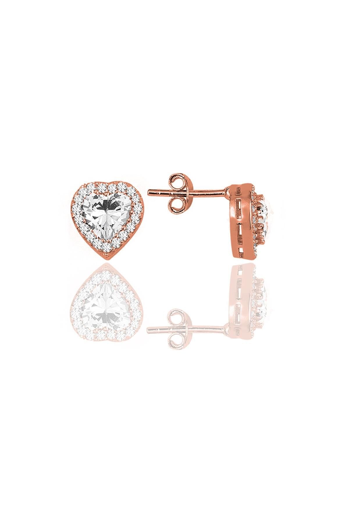 Gümüş rose zirkon taşlı pırlanta modeli kalp küpe SGTL10051ROSEBEYAZ