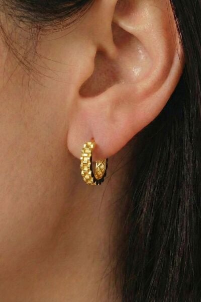 925 Ayar Gümüş küpe Üzeri Altın Kaplama roleks desenli halka küpe SGTL13185GOLD