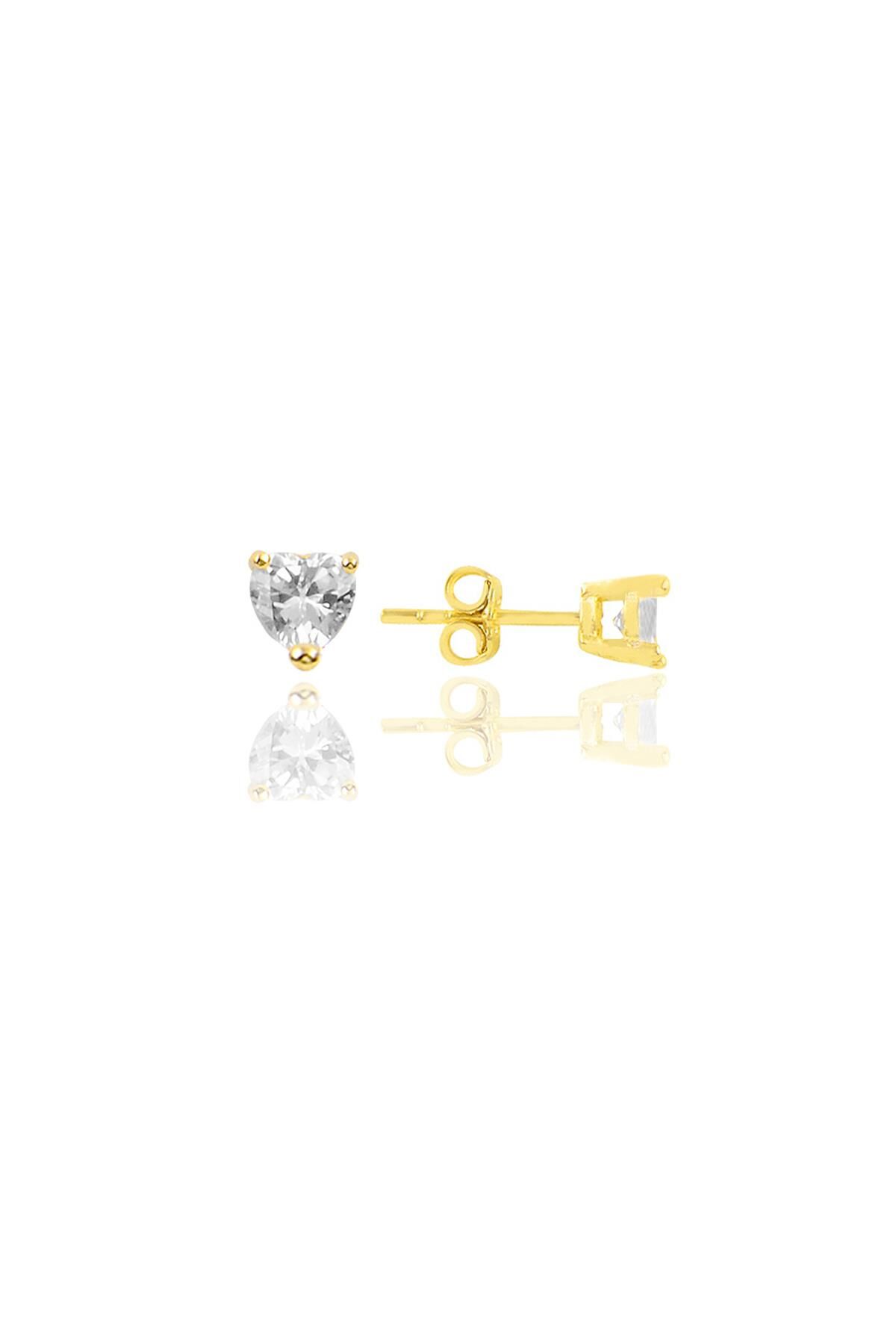 Gümüş altın yaldızlı pırlanta montürlü zirkon taşlı 5 mm kalp küpe SGTL12508GOLD