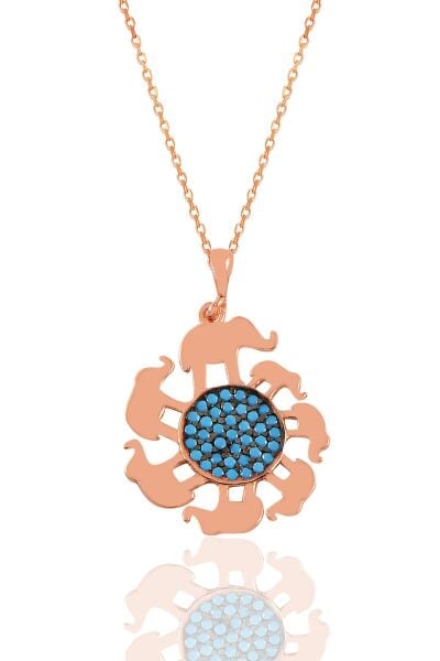 Gümüş rose turkuaz taşlı bereket fil kolye  SGTL11043ROSE