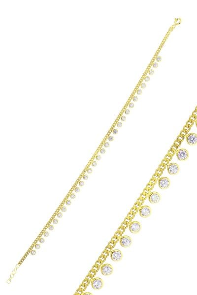 Gümüş altın yaldızlı zirkon taşlı gurmet zincirli halhal SGTL10533GOLD
