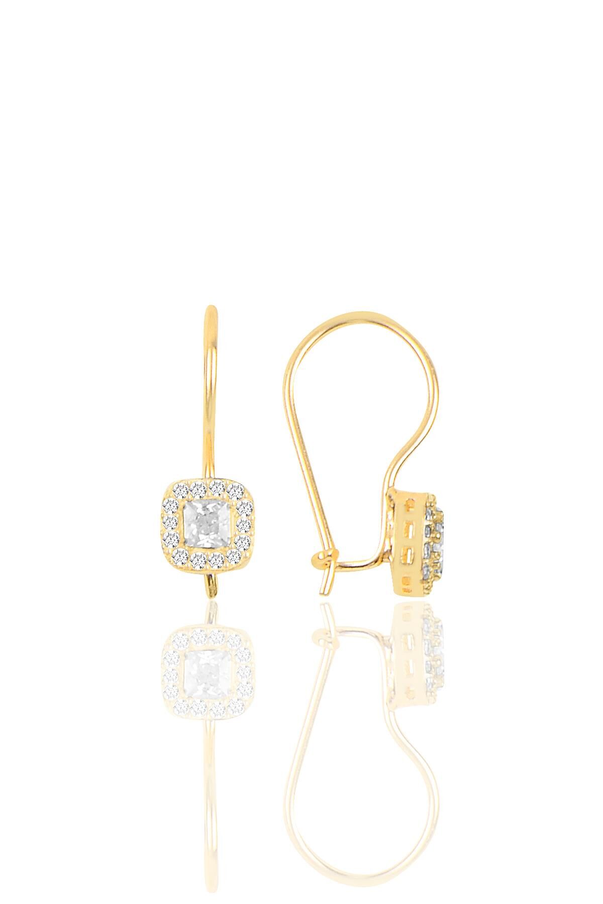 Gümüş altın yaldızlı zirkon taşlı çengelli kare küpe SGTL10286GOLD