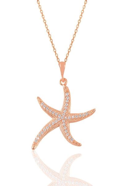 Gümüş rose zirkon taşlı deniz yıldızı kolye SGTL11041ROSE